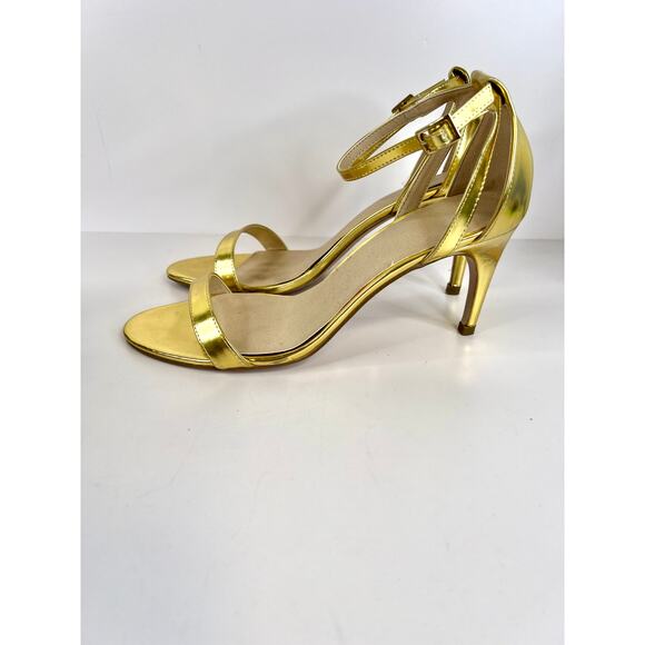 ASOS Size 8 Gold Shiny 3 Inch Ankle Strap Heels Open Toe - Picture 9 of 15